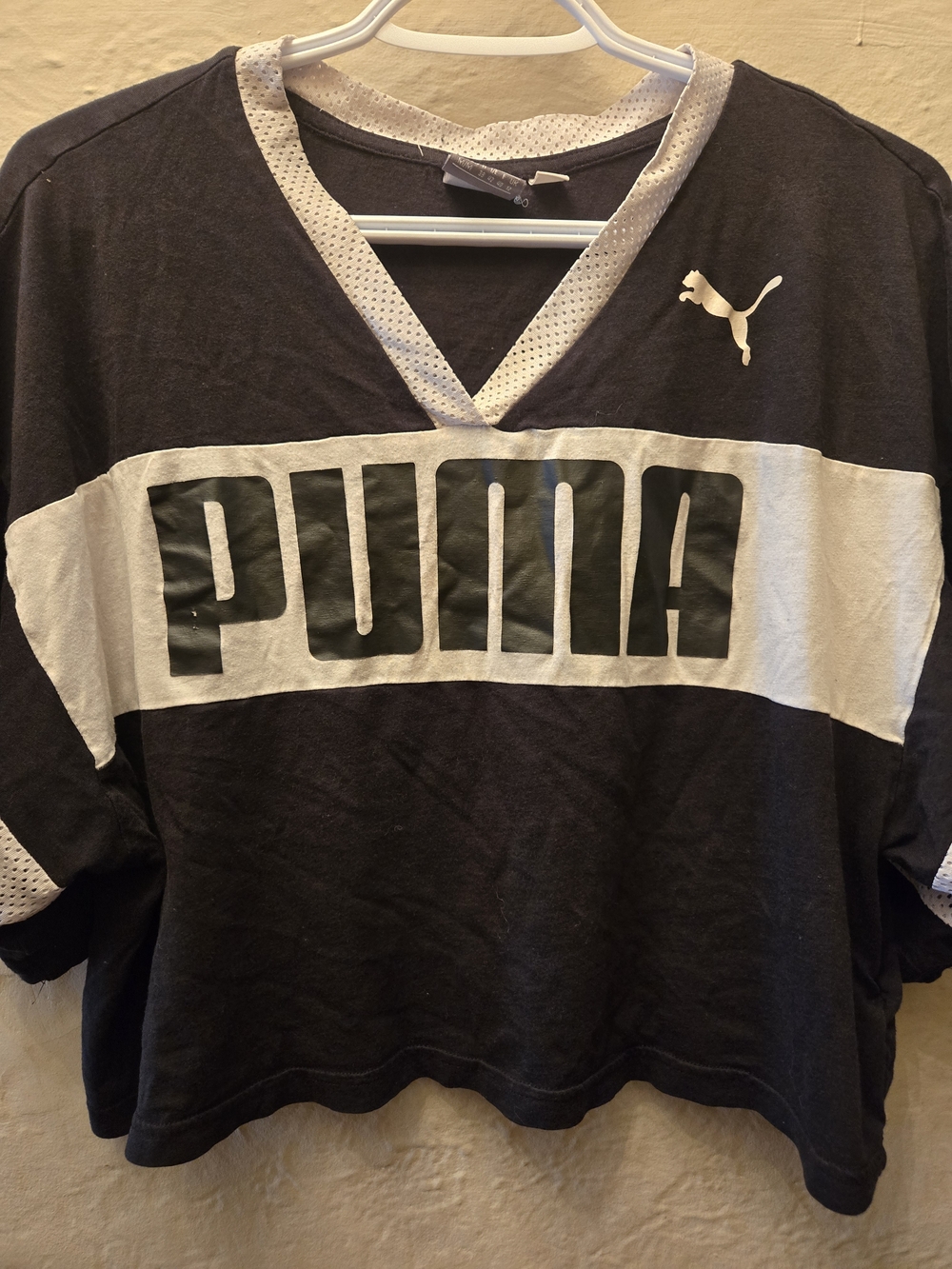 Y2K Puma Cropped Jersey Tee Black White Sporty Streetwear Oversized Boxy Top - Picture 10 of 11